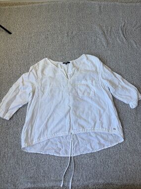 Mexx Linen Lightweight White Drawstring Crop Front Pullover Blouse Size M